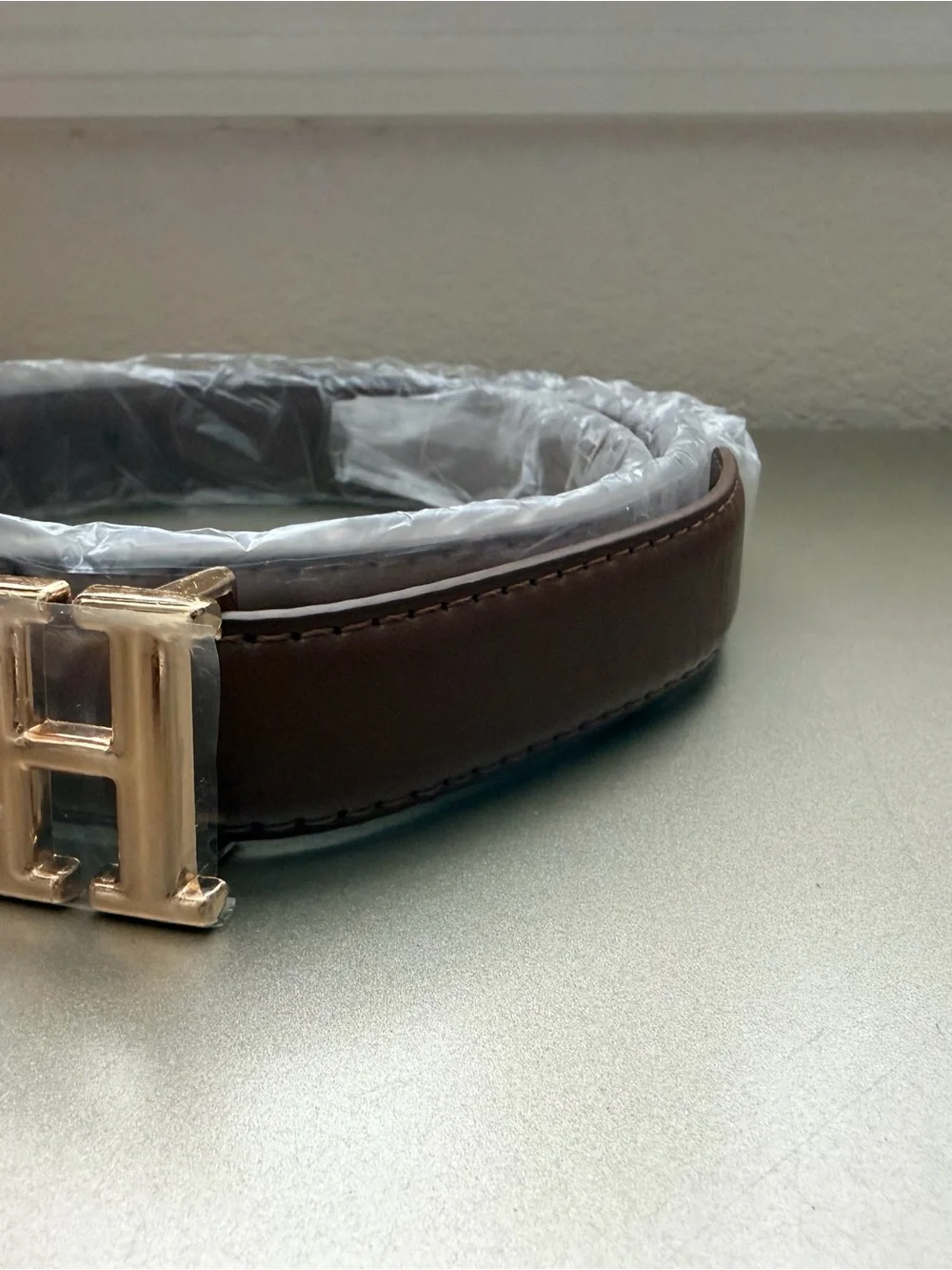 New CH Crystal-Embellished Brown Leather Belt for women size XL(110CM)